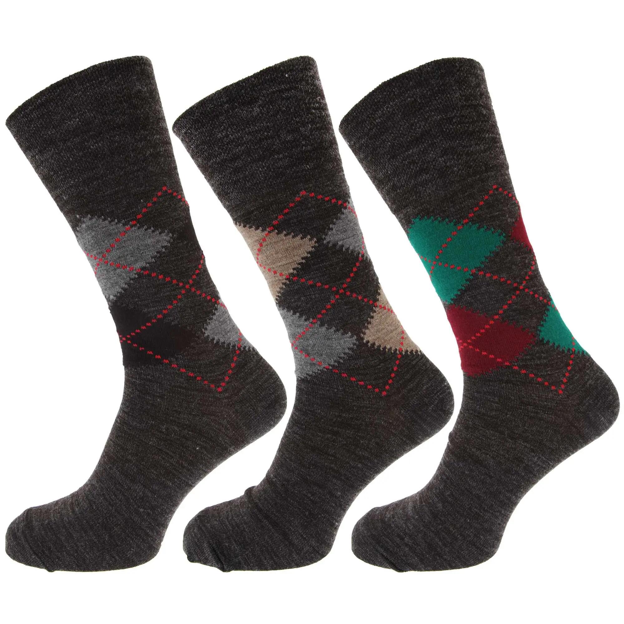 Mens Traditional Argyle Pattern Non Elastic Lambs Wool Blend Socks (Pack Of 3) 2/2