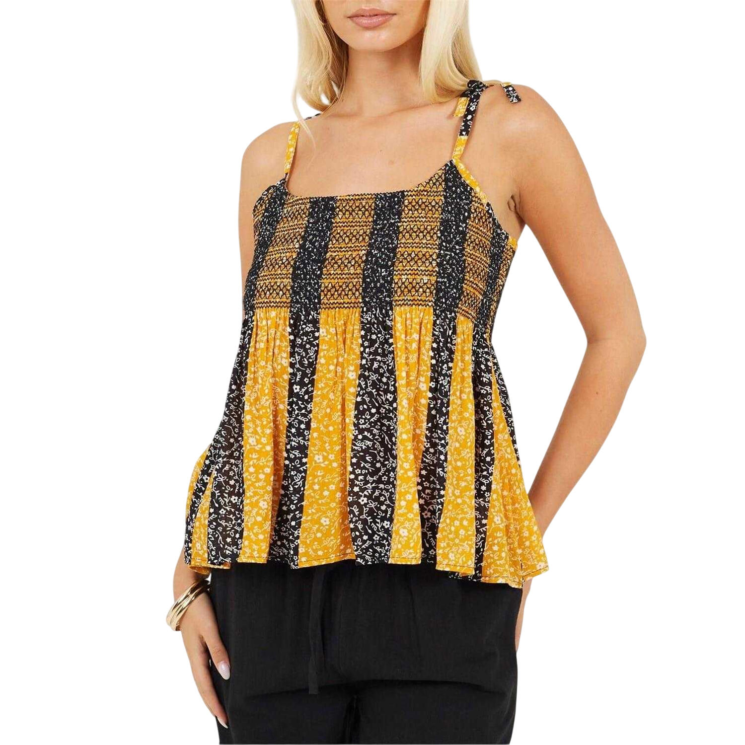 Brave Soul Womens/Ladies Floral Stripe Shirred Spaghetti Strap Vest Top