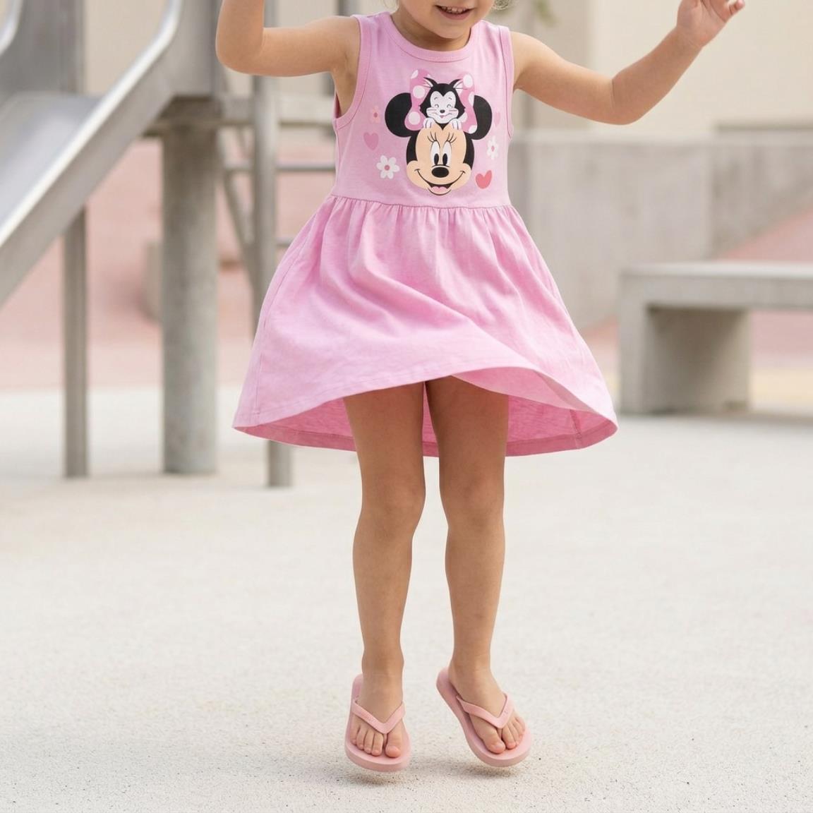 Vestido infantil sem mangas da Minnie Mouse em malha de algodão rosa. 6/6