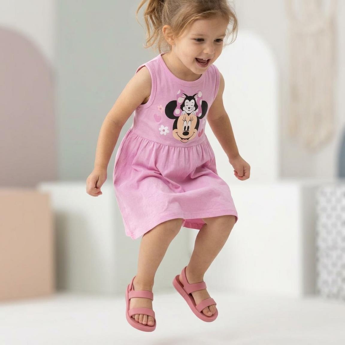 Vestido infantil sem mangas da Minnie Mouse em malha de algodão rosa. 5/6