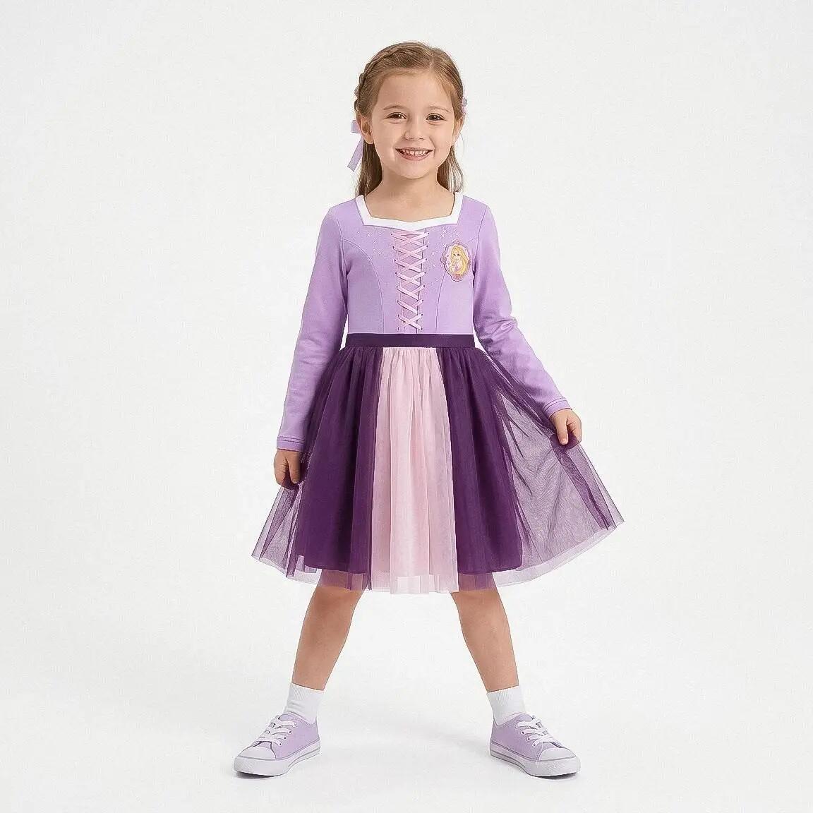 Kinderjurk prinses fantasiejersey met tulerok paars 6/7