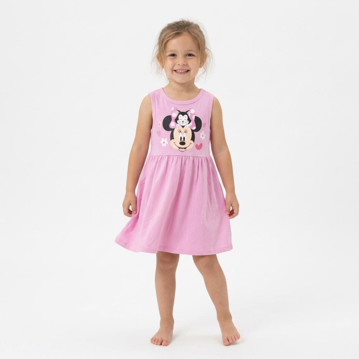 Vestido infantil sem mangas da Minnie Mouse em malha de algodão rosa. 3/6
