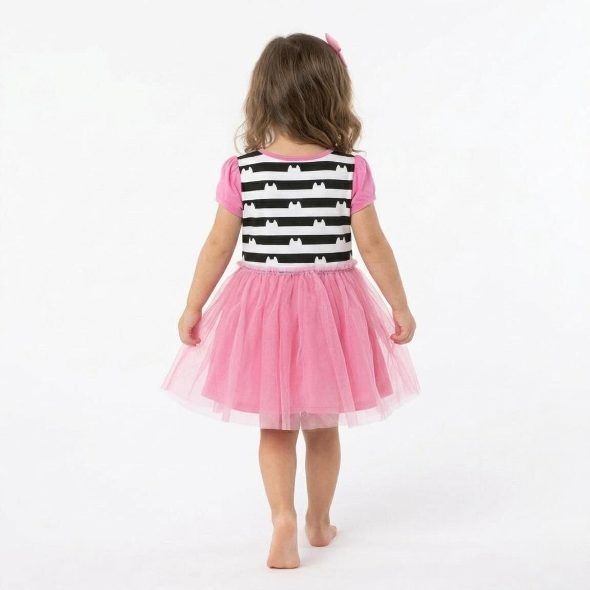Vestido infantil Gabby's Dollhouse, em malha de algodão com tule rosa e preto. 6/6