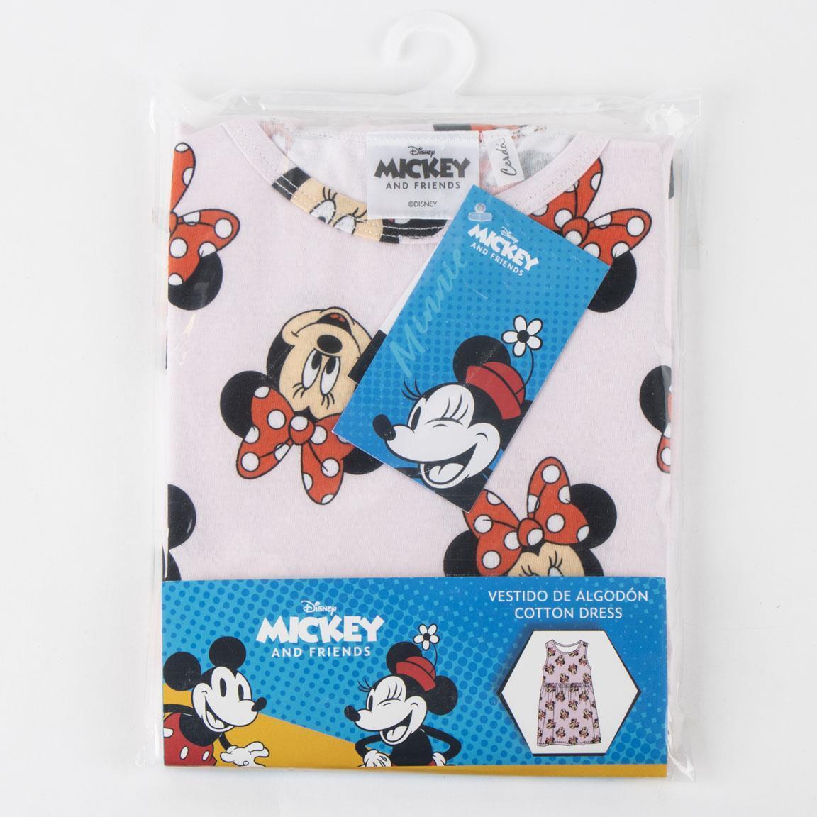 Vestido infantil sem mangas da Minnie Mouse em malha de algodão rosa claro com 6/6