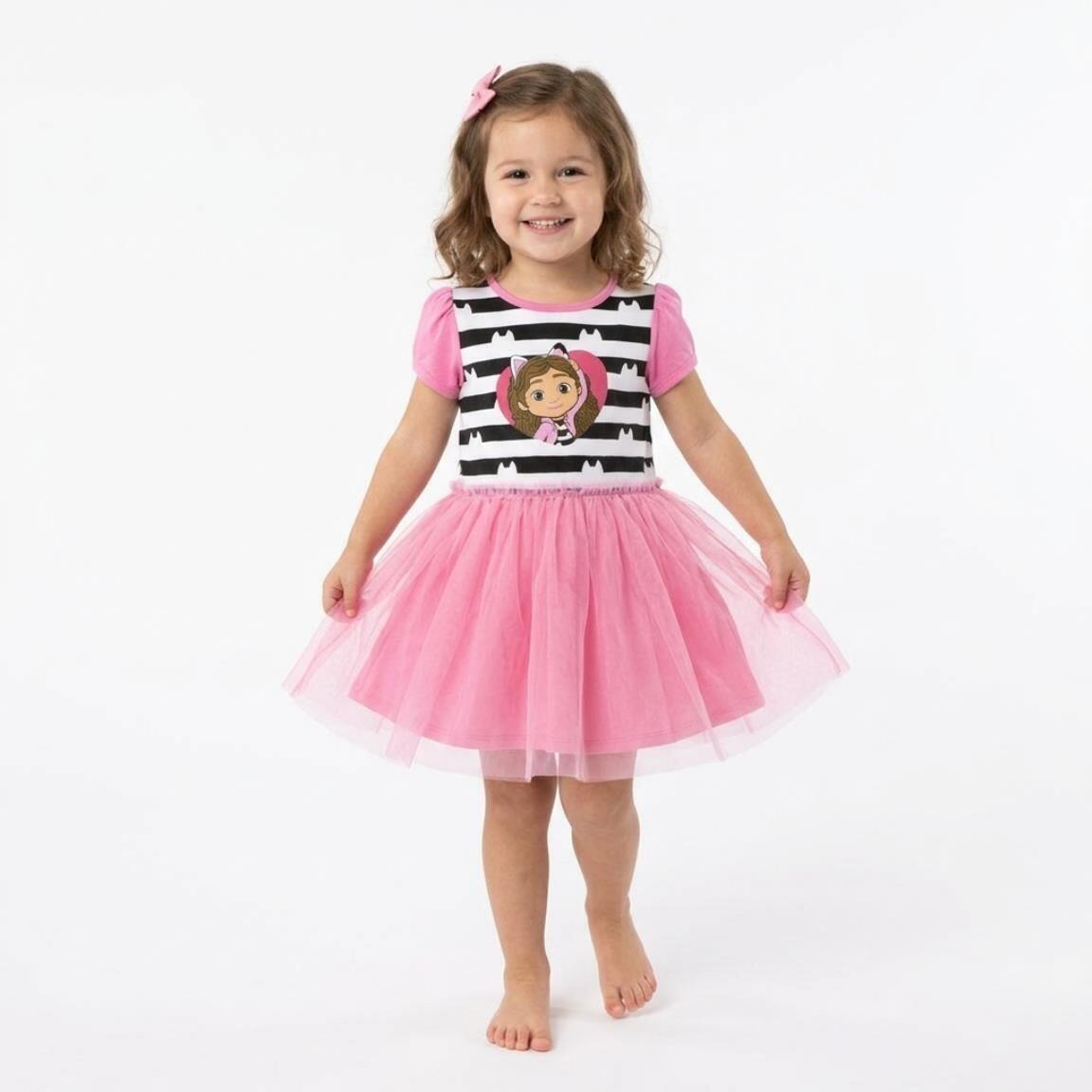 Vestido infantil Gabby's Dollhouse, em malha de algodão com tule rosa e preto. 5/6