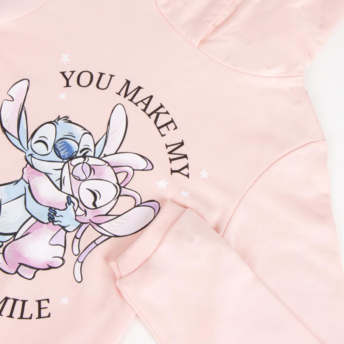 Vestido infantil Stitch em algodão felpudo francês com capuz, rosa claro 3/4