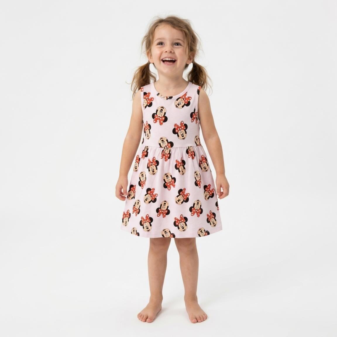 Vestido infantil sem mangas da Minnie Mouse em malha de algodão rosa claro com 4/6