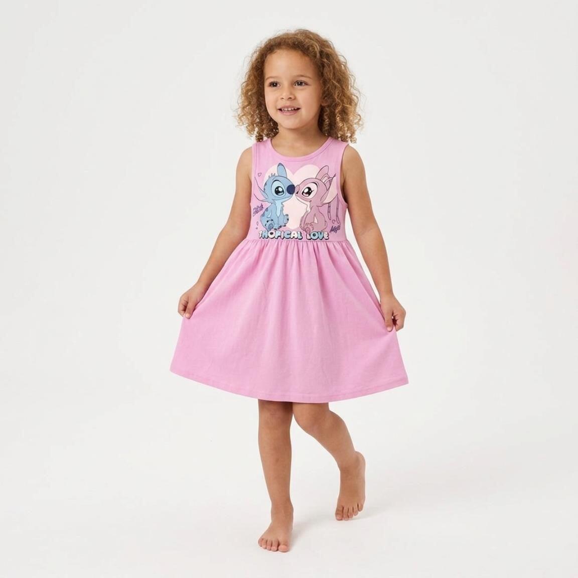 Vestido infantil Stitch, sem mangas, em malha de algodão, rosa claro. 4/6
