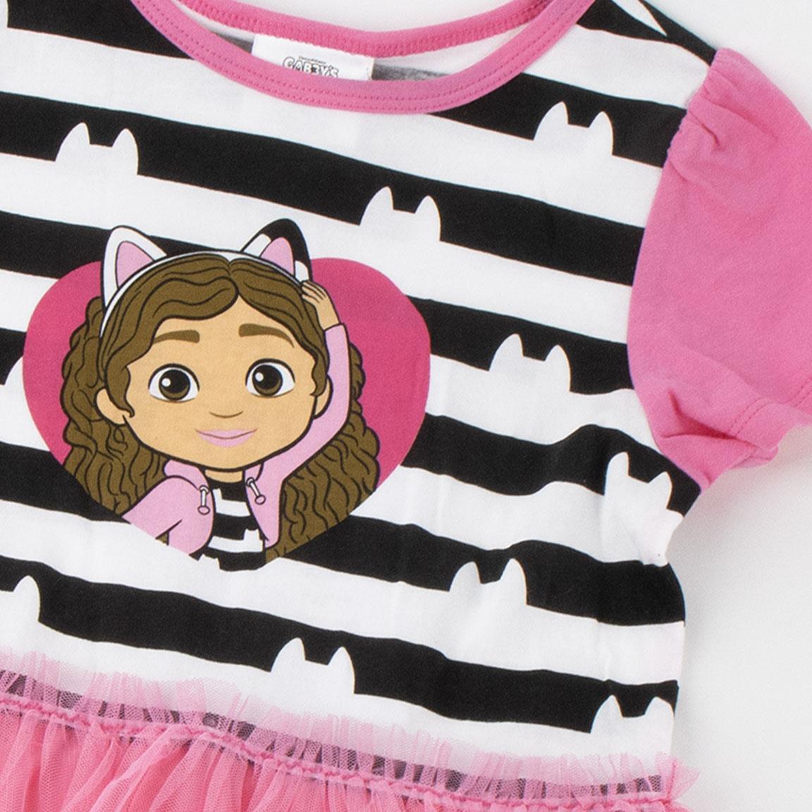 Vestido infantil Gabby's Dollhouse, em malha de algodão com tule rosa e preto. 3/6