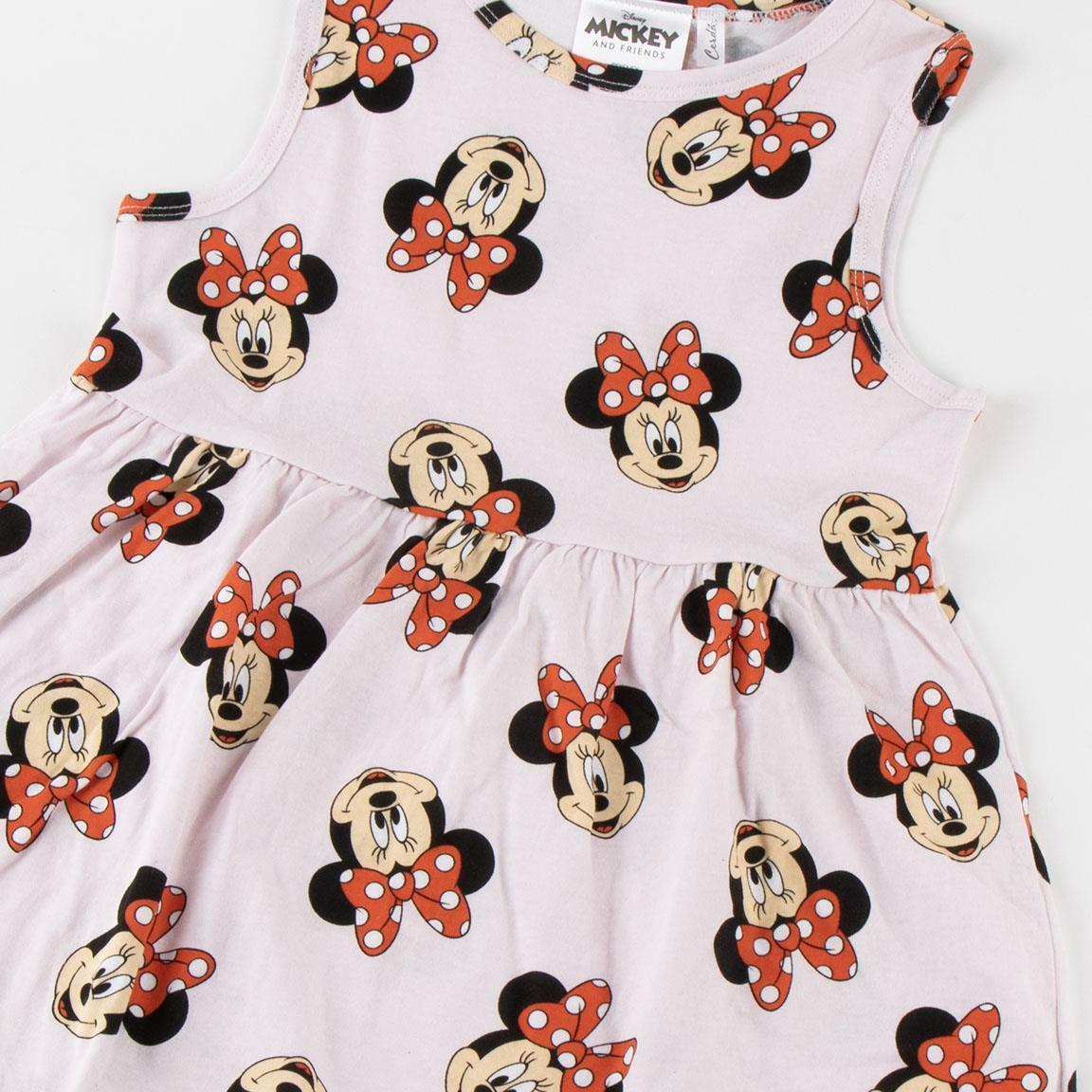 Vestido infantil sem mangas da Minnie Mouse em malha de algodão rosa claro com 3/6