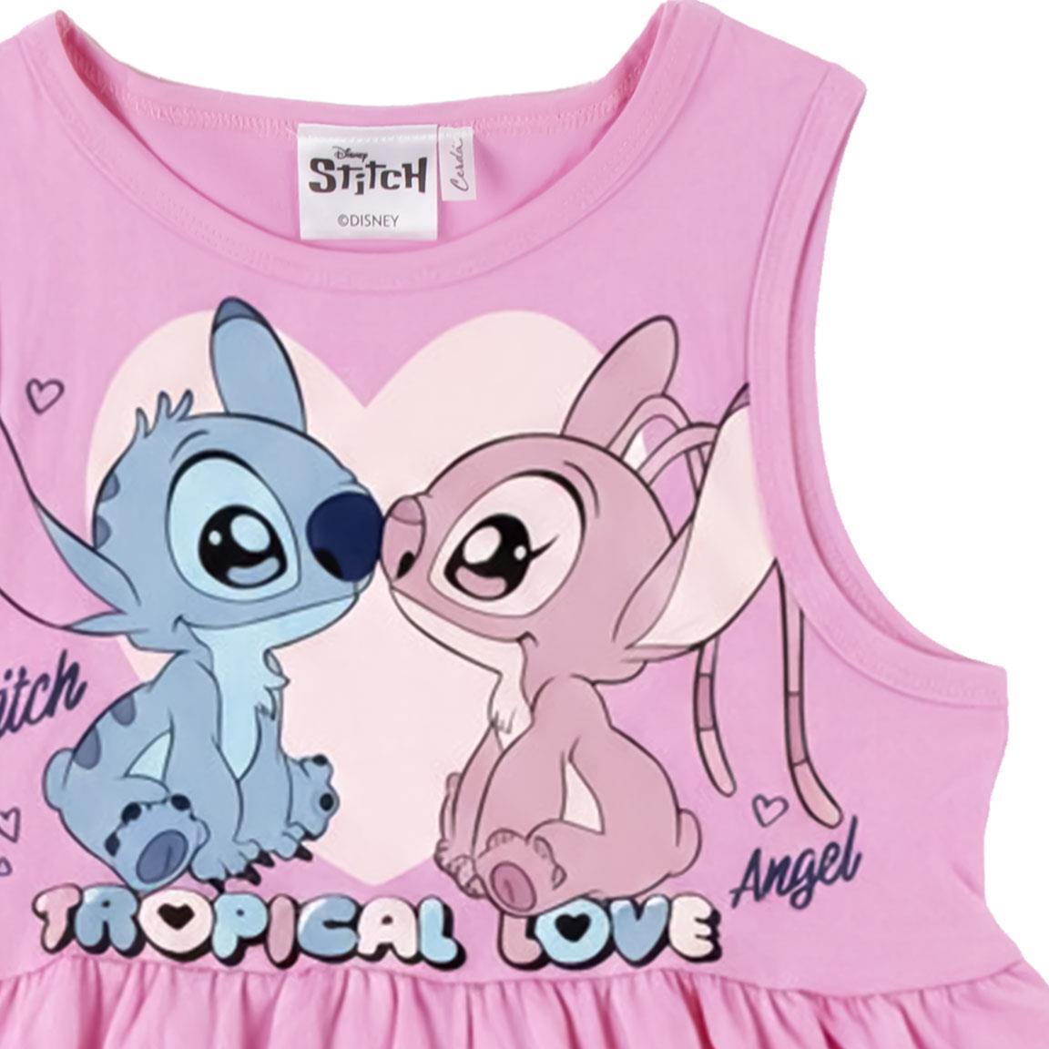 Vestido infantil Stitch, sem mangas, em malha de algodão, rosa claro. 3/6