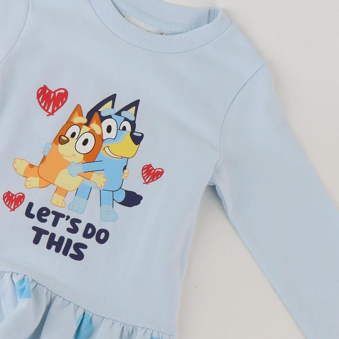 Vestido infantil Bluey em algodão felpudo francês com bolinhas azuis claras. 4/4