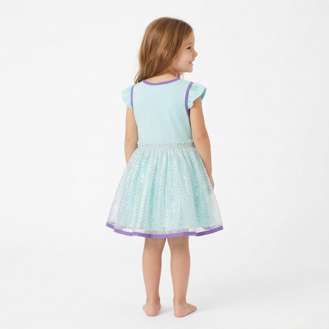 Vestido infantil de princesa fantasia em algodão com tule e laço turquesa. 6/6