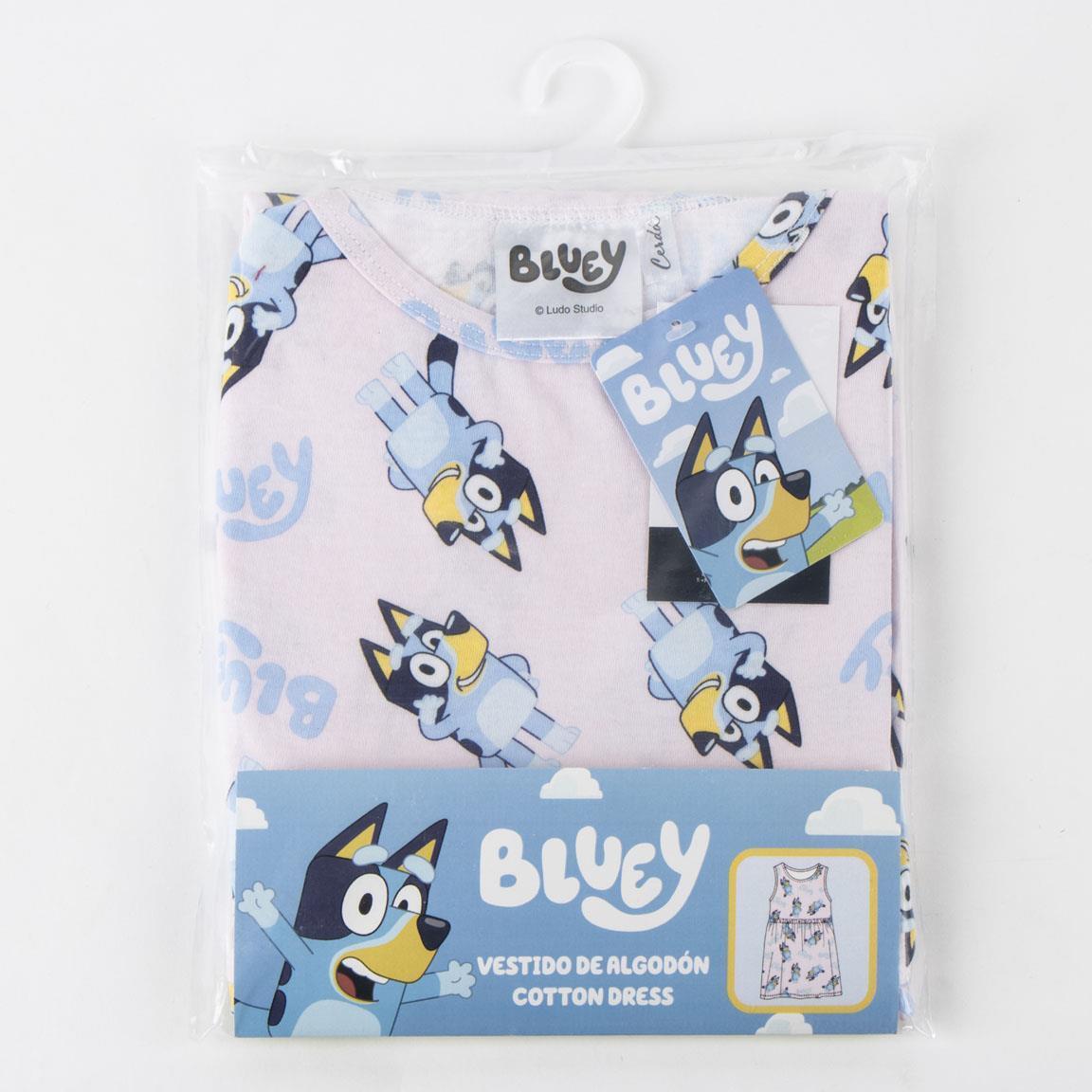 Vestido infantil sem mangas Bluey em malha de algodão com estampa rosa claro. 6/6
