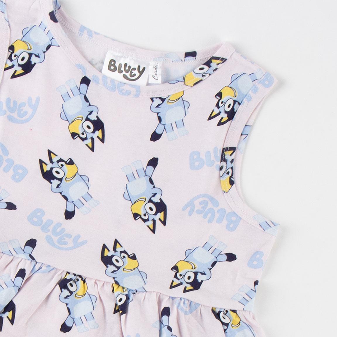 Vestido infantil sem mangas Bluey em malha de algodão com estampa rosa claro. 3/6