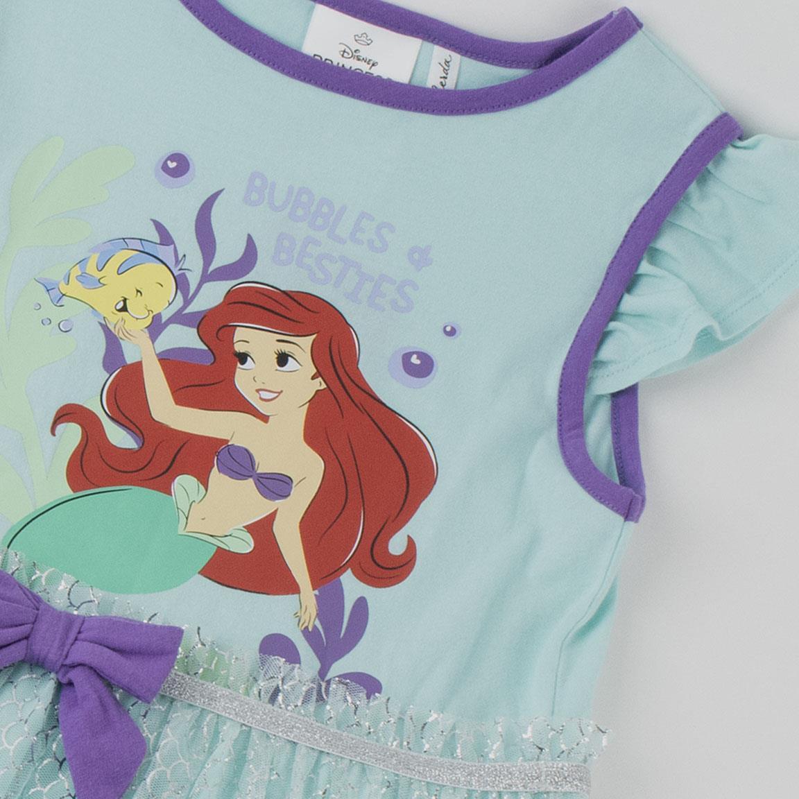 Vestido infantil de princesa fantasia em algodão com tule e laço turquesa. 3/6