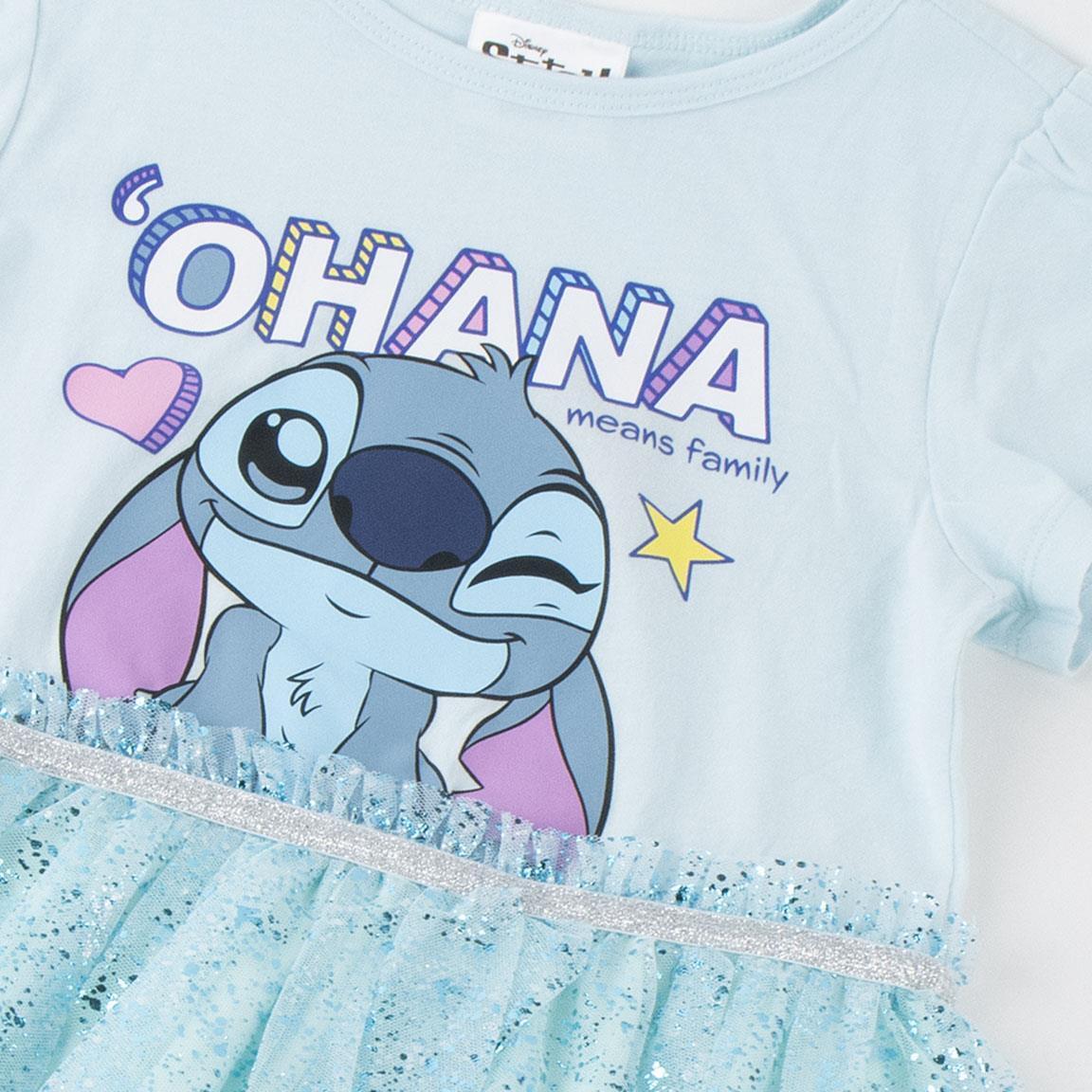 Vestido infantil Stitch em malha de algodão com saia de tule azul claro 3/6