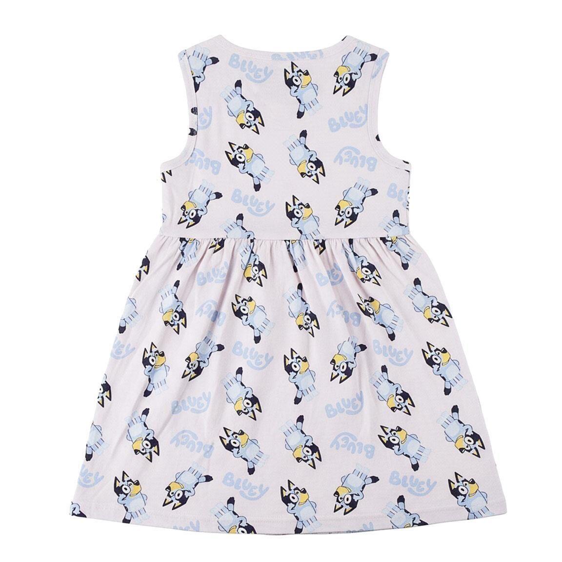 Vestido infantil sem mangas Bluey em malha de algodão com estampa rosa claro. 2/6