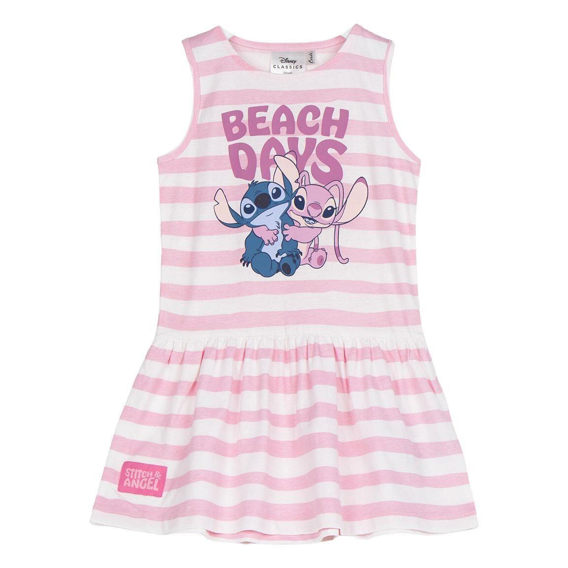 Vestido infantil Stitch de algodão sem mangas com listras rosa e brancas. 1/6