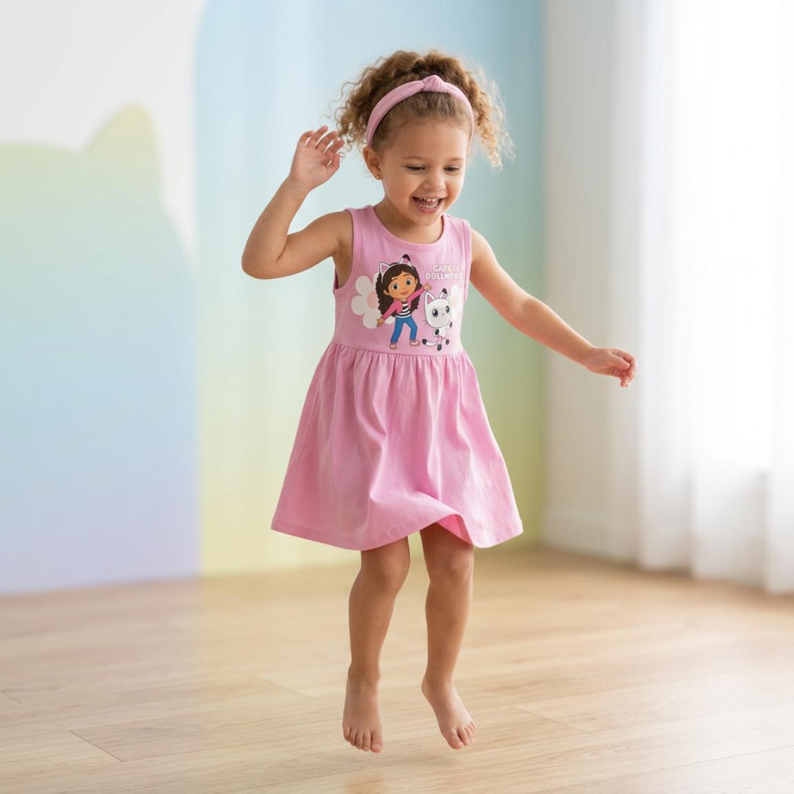 Vestido infantil Gabby's Dollhouse em malha de algodão rosa claro sem mangas 6/6