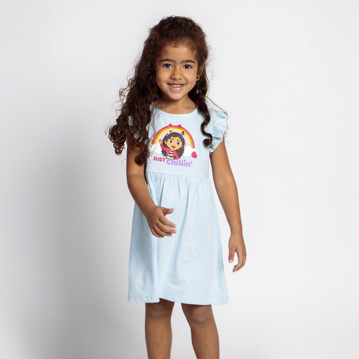 Vestido infantil Gabby's Dollhouse em malha de algodão azul claro com babados. 4/6