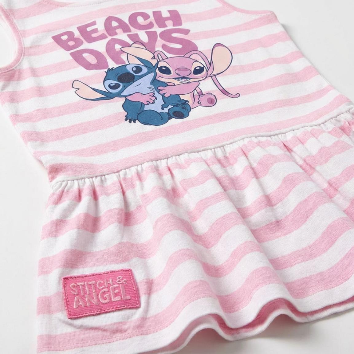 Vestido infantil Stitch de algodão sem mangas com listras rosa e brancas. 3/6