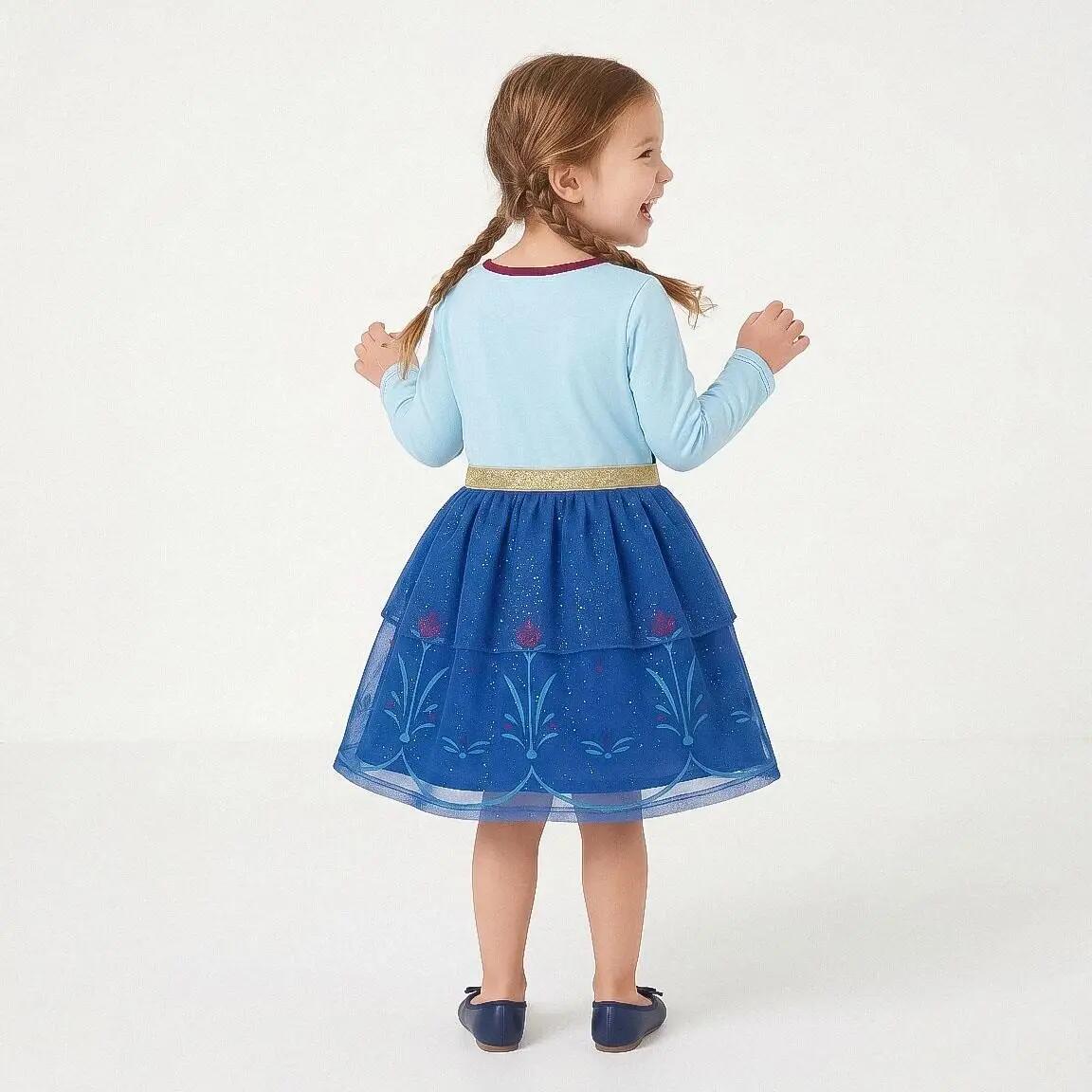 Vestido infantil Frozen em malha jersey com tule e laço azul turquesa. 7/7