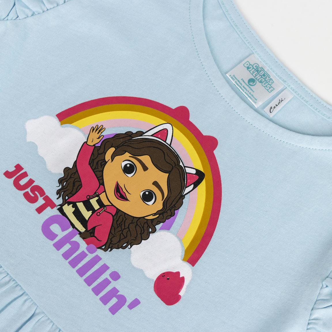 Vestido infantil Gabby's Dollhouse em malha de algodão azul claro com babados. 3/6