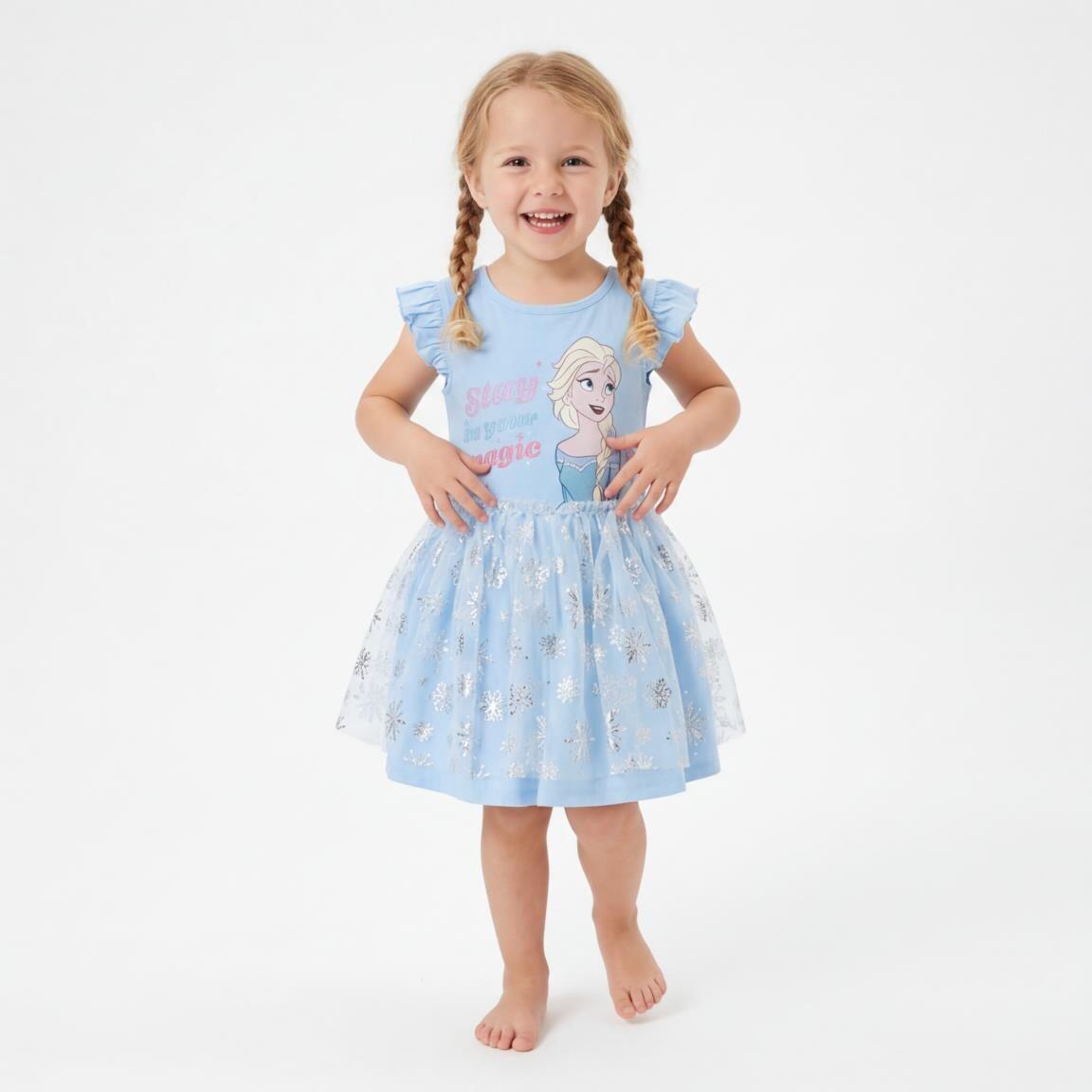 Vestido infantil Frozen Elsa em jérsei fantasia com tule e glitter, azul claro 5/6