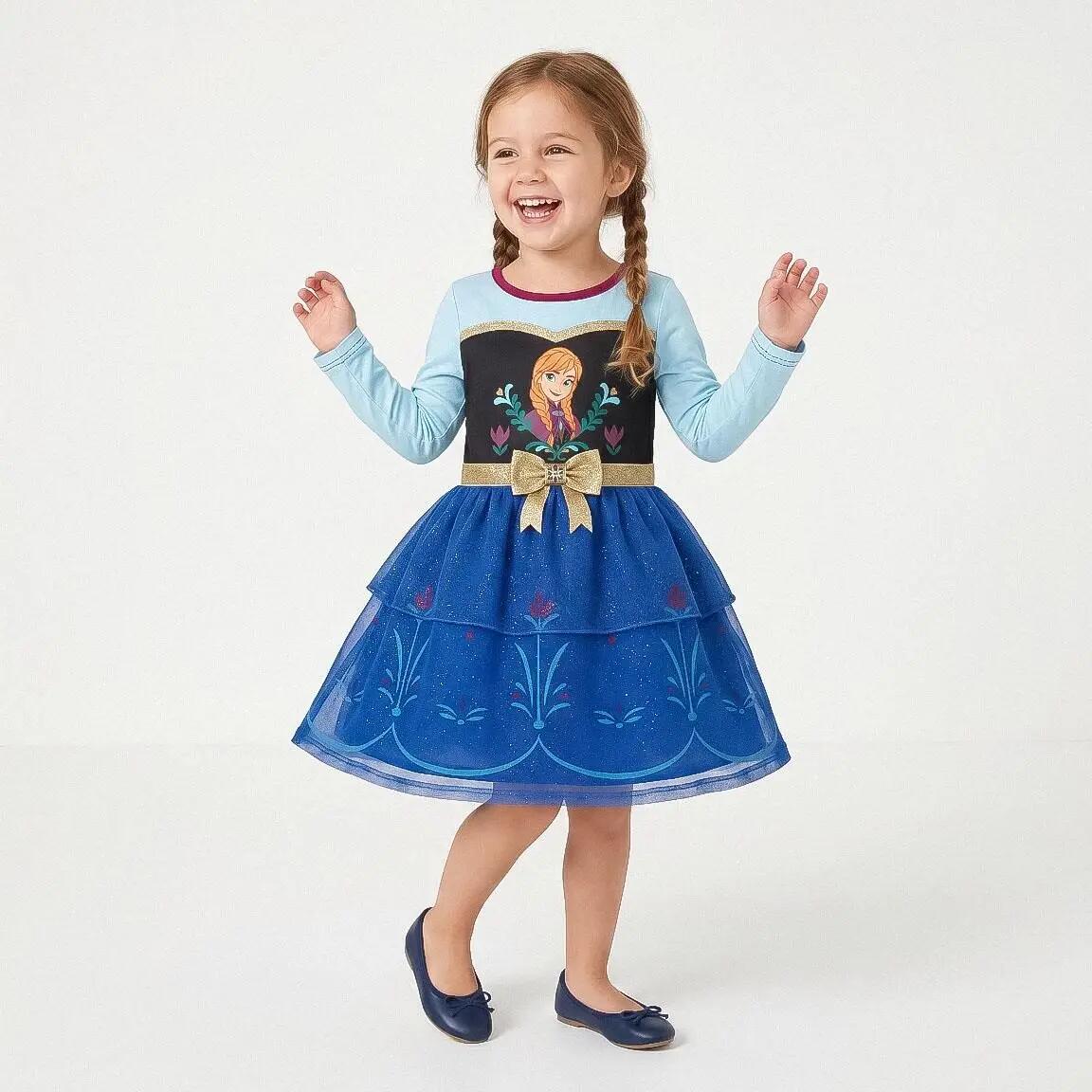 Vestido infantil Frozen em malha jersey com tule e laço azul turquesa. 6/7