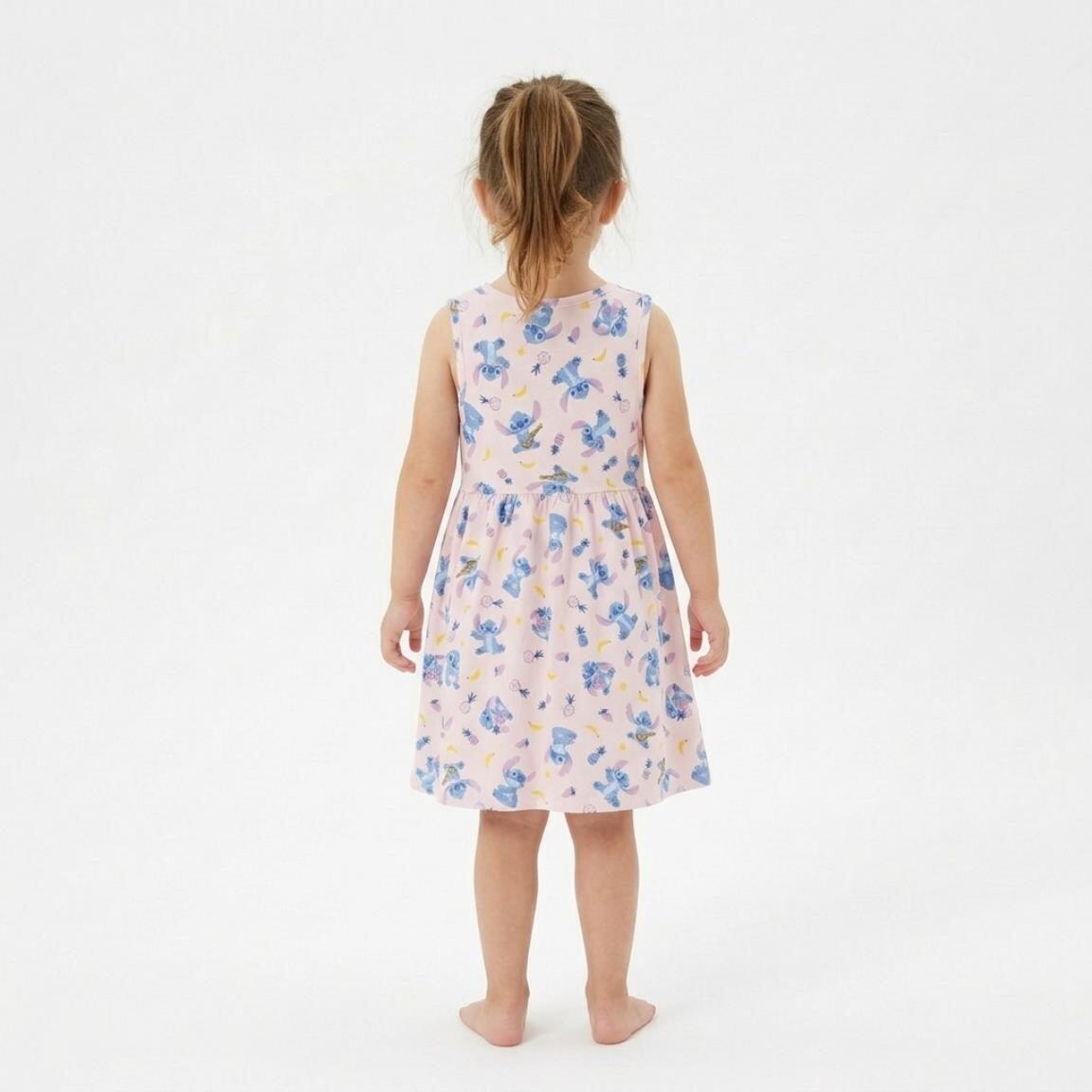 Vestido infantil Stitch, sem mangas, em malha de algodão com estampa rosa claro. 5/6