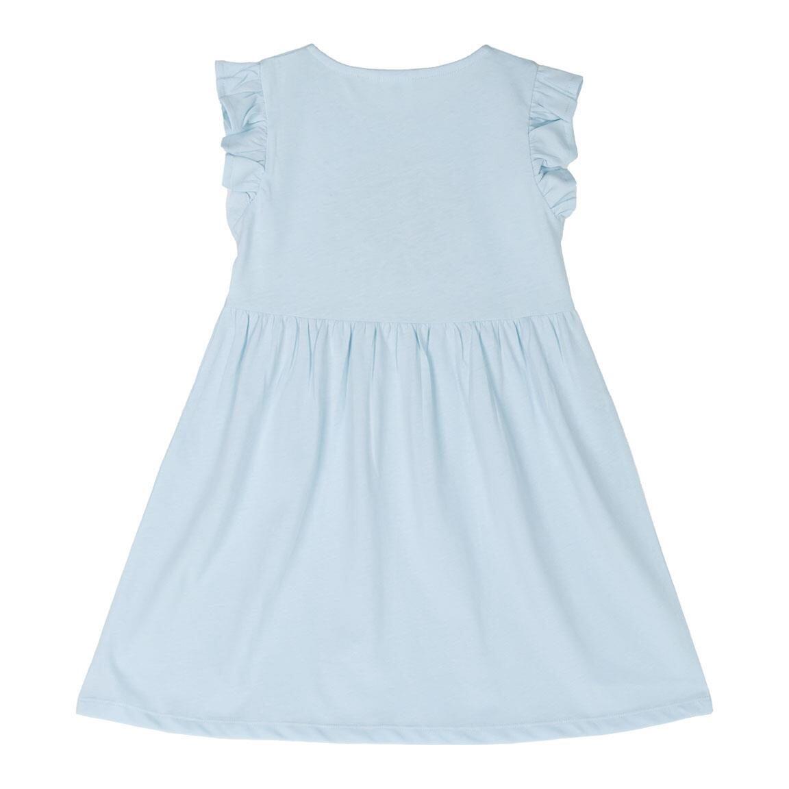 Vestido infantil Gabby's Dollhouse em malha de algodão azul claro com babados. 2/6