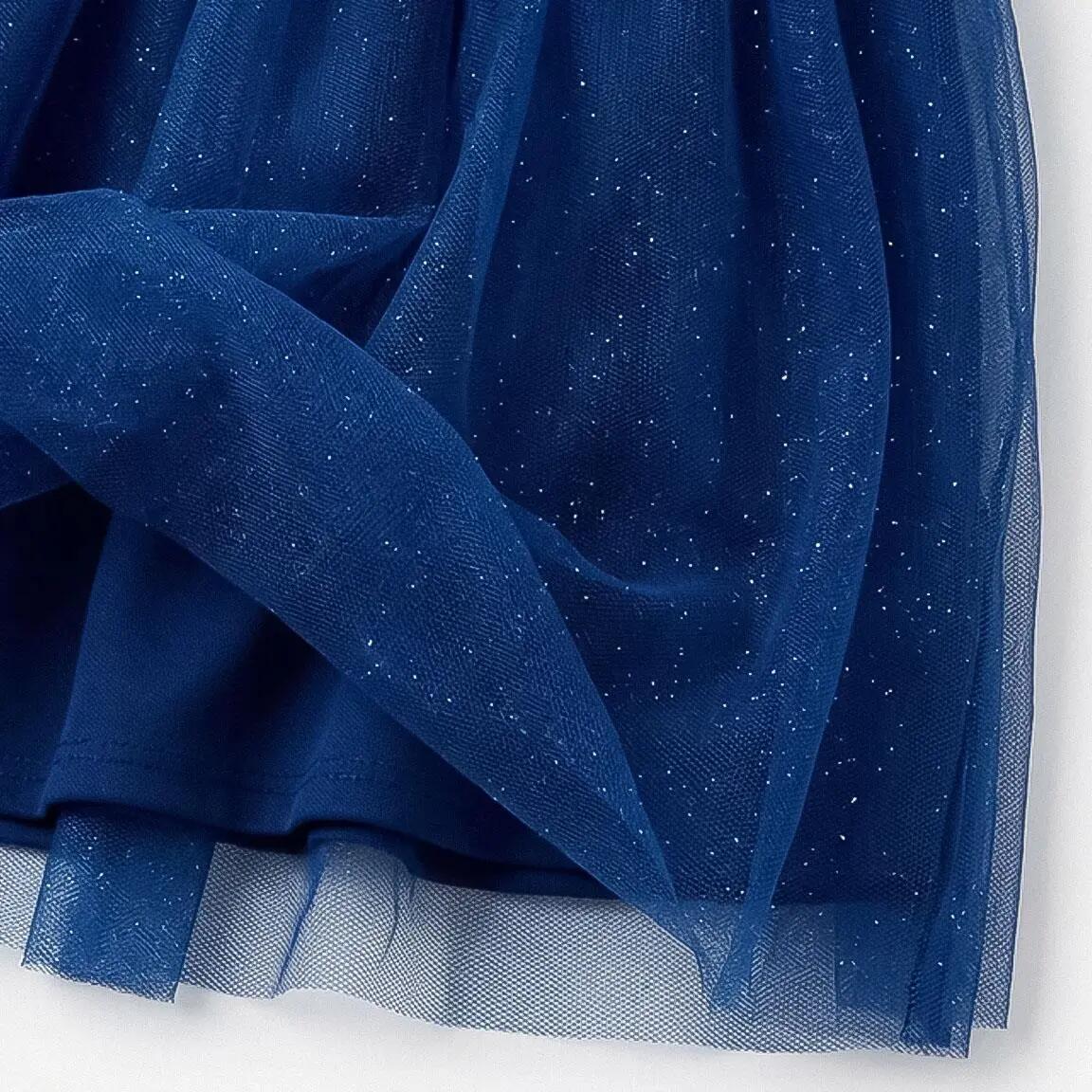 Vestido infantil Frozen em malha jersey com tule e laço azul turquesa. 5/7