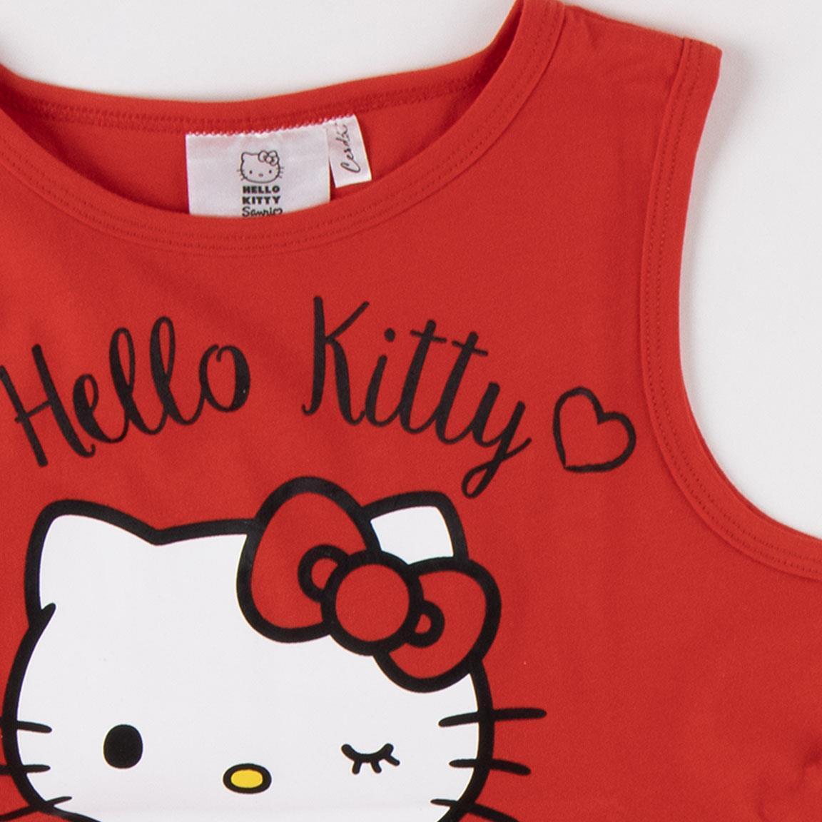 Vestido infantil Hello Kitty, sem mangas, em malha de algodão, vermelho. 3/6