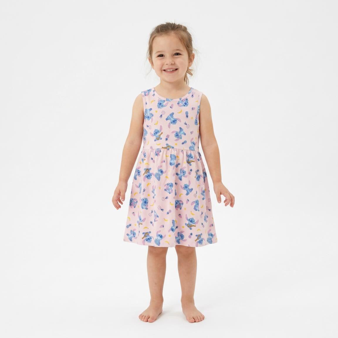 Vestido infantil Stitch, sem mangas, em malha de algodão com estampa rosa claro. 4/6