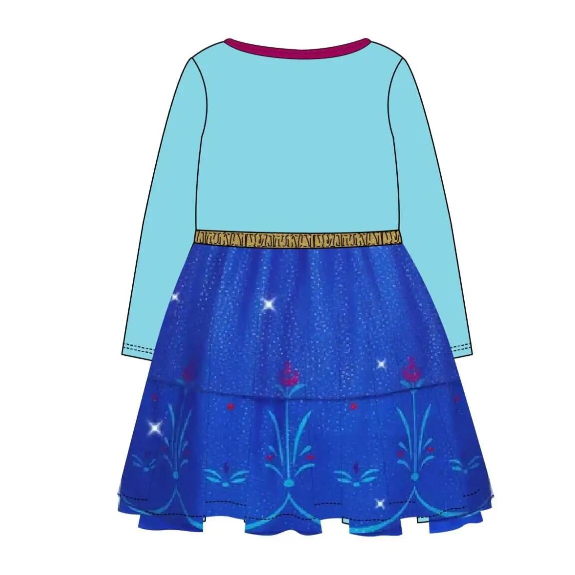 Vestido infantil Frozen em malha jersey com tule e laço azul turquesa. 4/7
