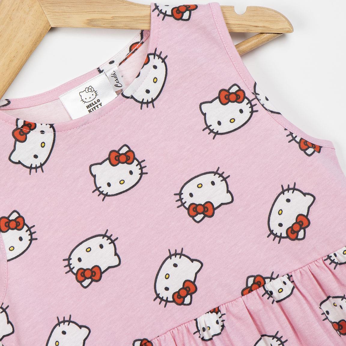 Vestido infantil sem mangas Hello Kitty em malha de algodão, rosa claro. 3/6