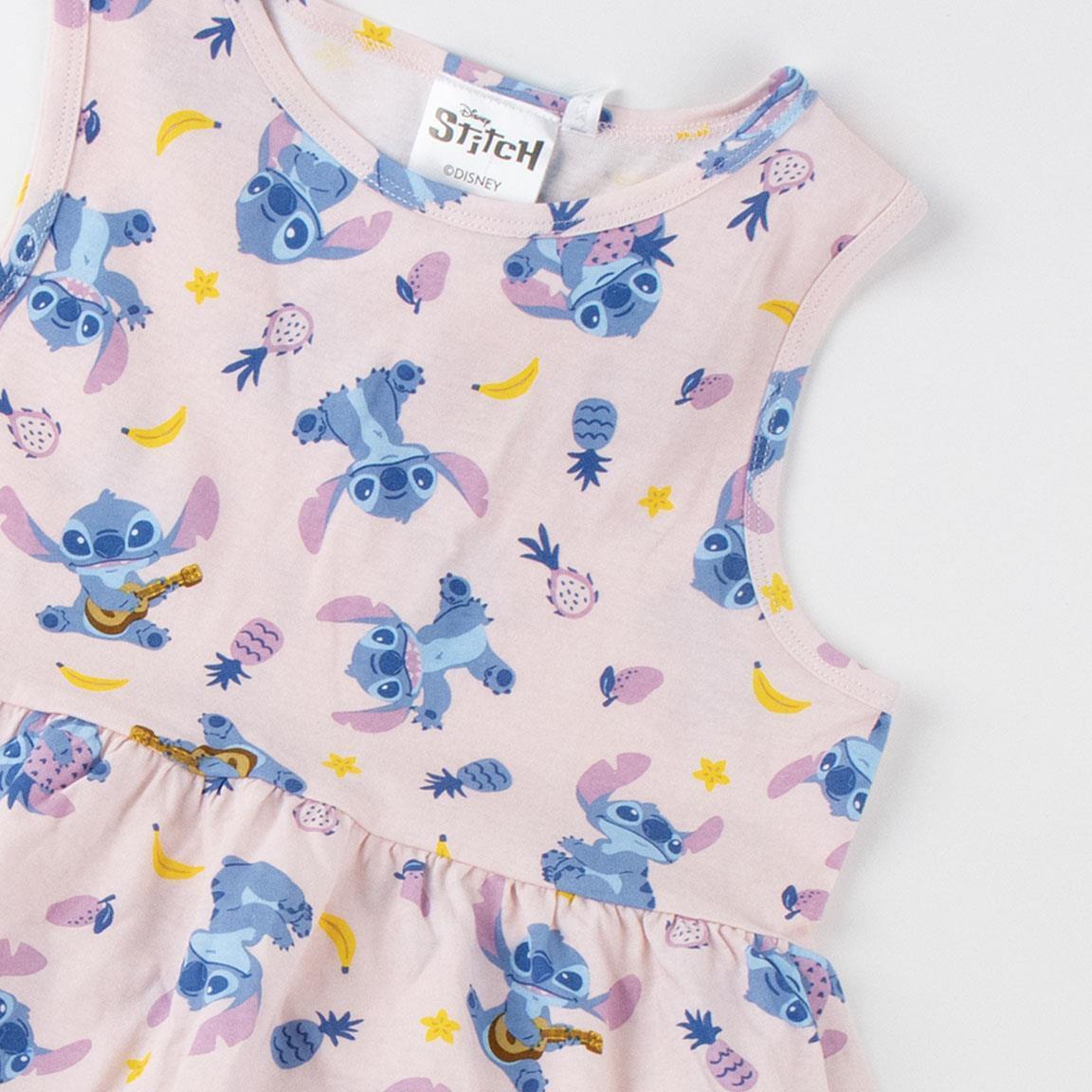 Vestido infantil Stitch, sem mangas, em malha de algodão com estampa rosa claro. 3/6