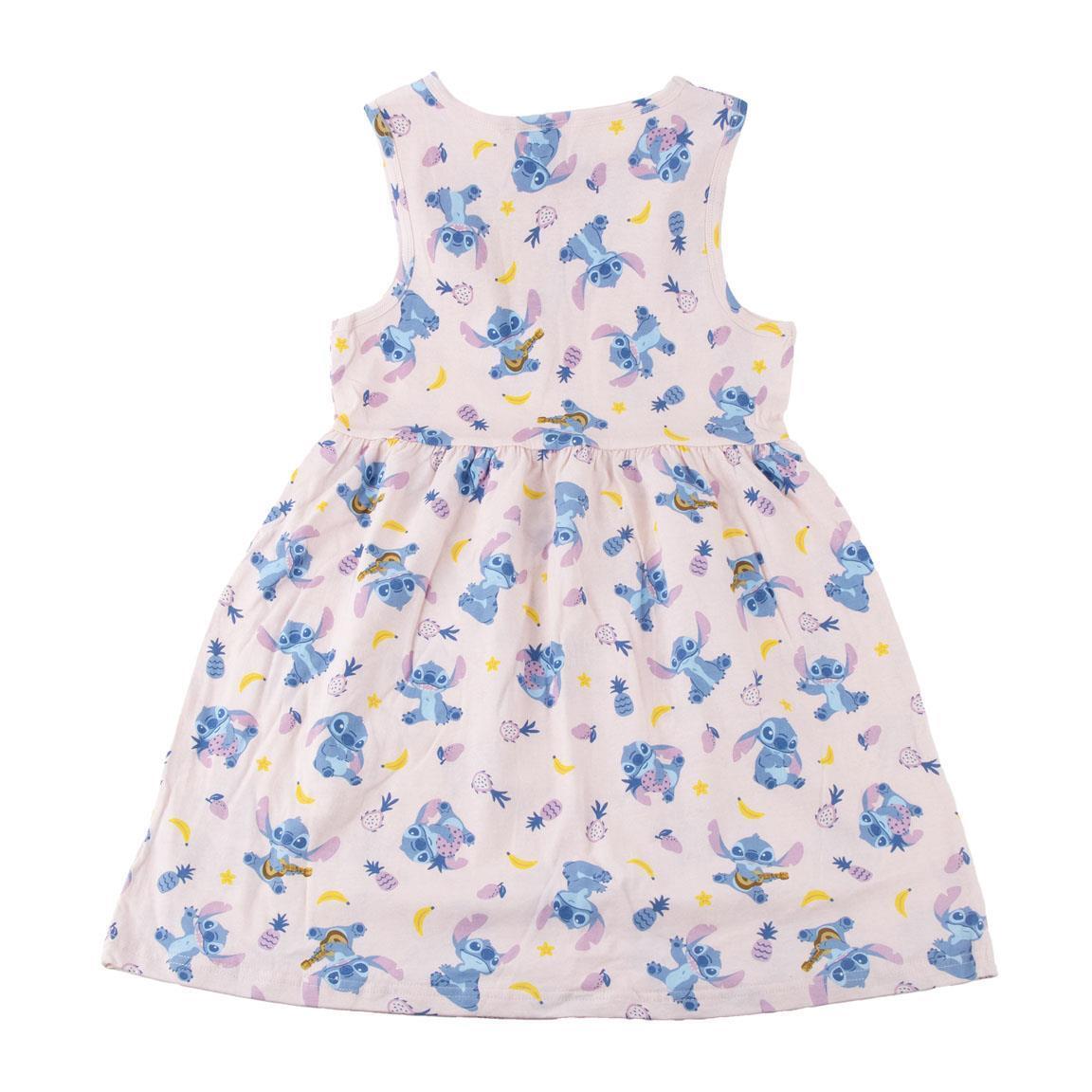 Vestido infantil Stitch, sem mangas, em malha de algodão com estampa rosa claro. 2/6