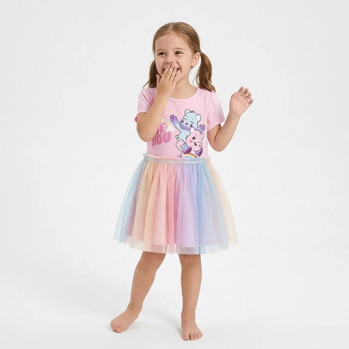 Abito da bambina Care Bears in jersey con tulle rosa chiaro multicolore 5/7
