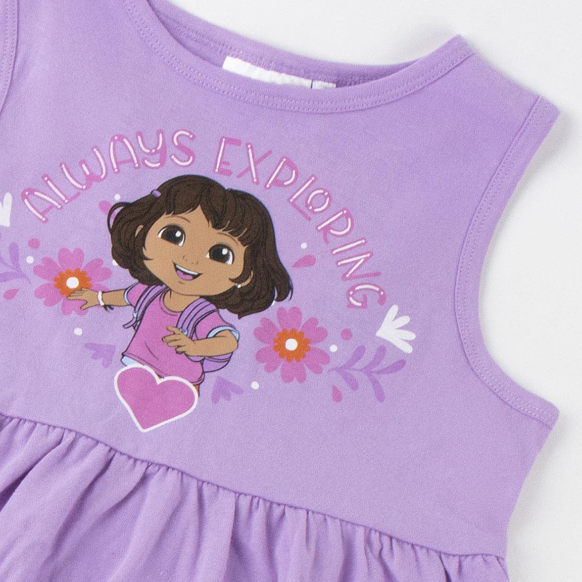Vestido infantil sem mangas Dora a Aventureira em malha de algodão, roxo. 3/6