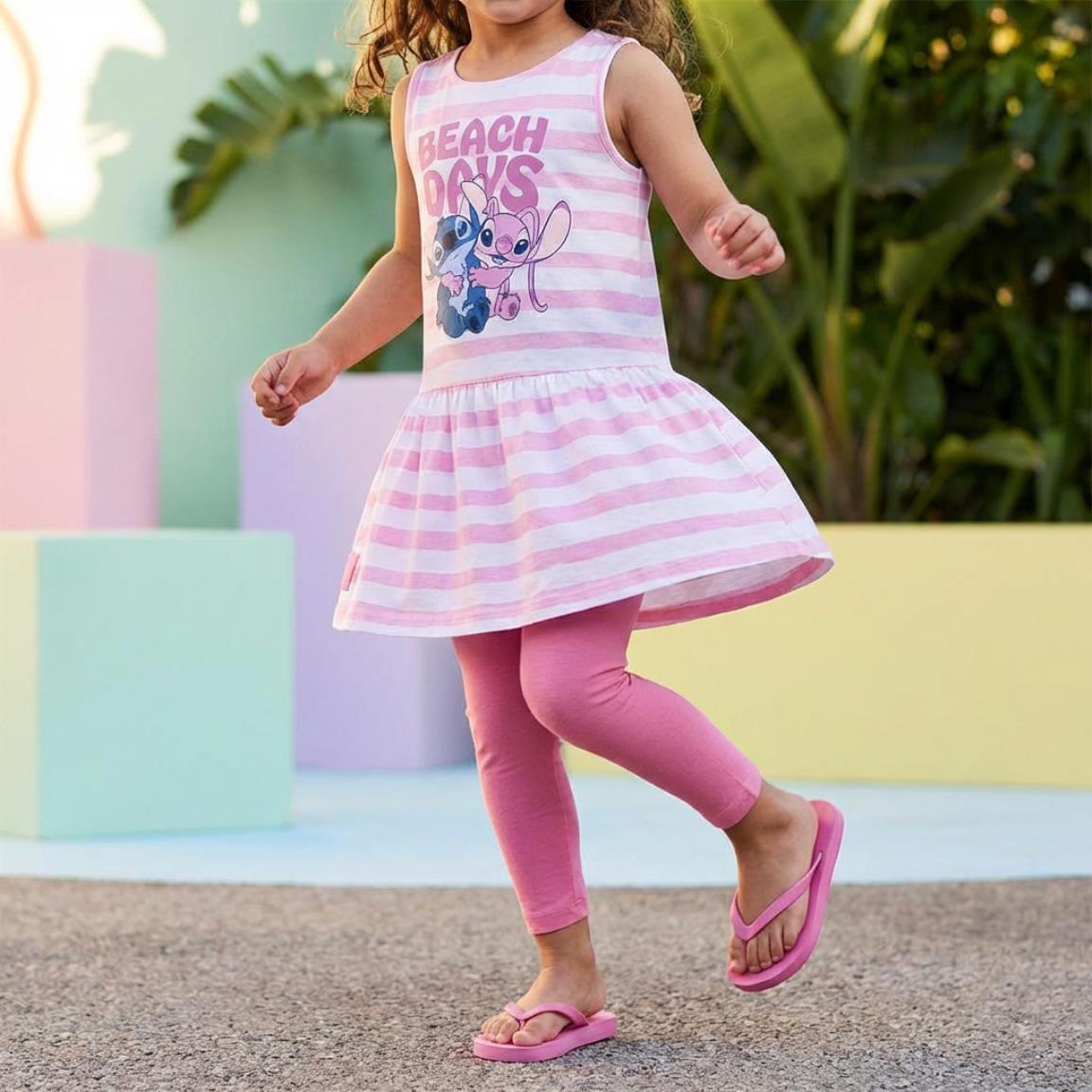 Vestido infantil Stitch em malha de algodão listrada rosa e branca 6/6