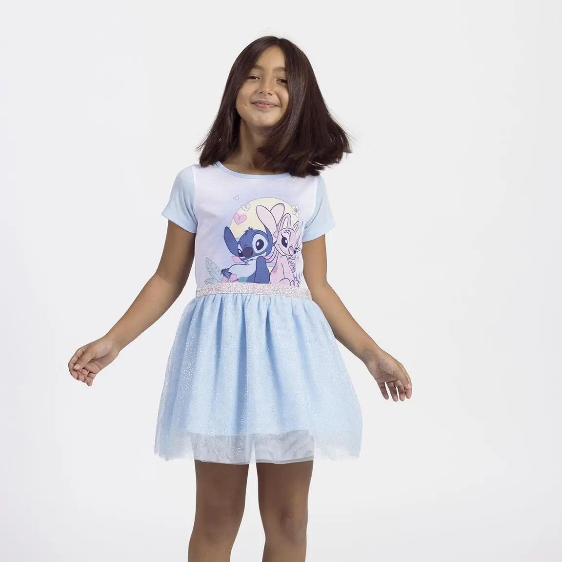 Kinderjurk Stitch van jersey met tule lichtblauw 4/5