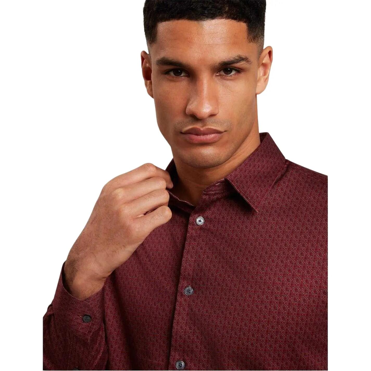 Mens Geometric LongSleeved Shirt (Dark Red) 4/4