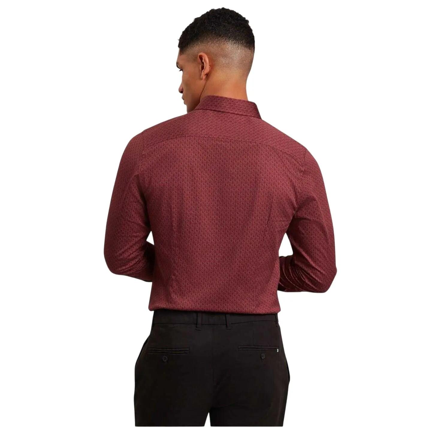 Mens Geometric LongSleeved Shirt (Dark Red) 3/4