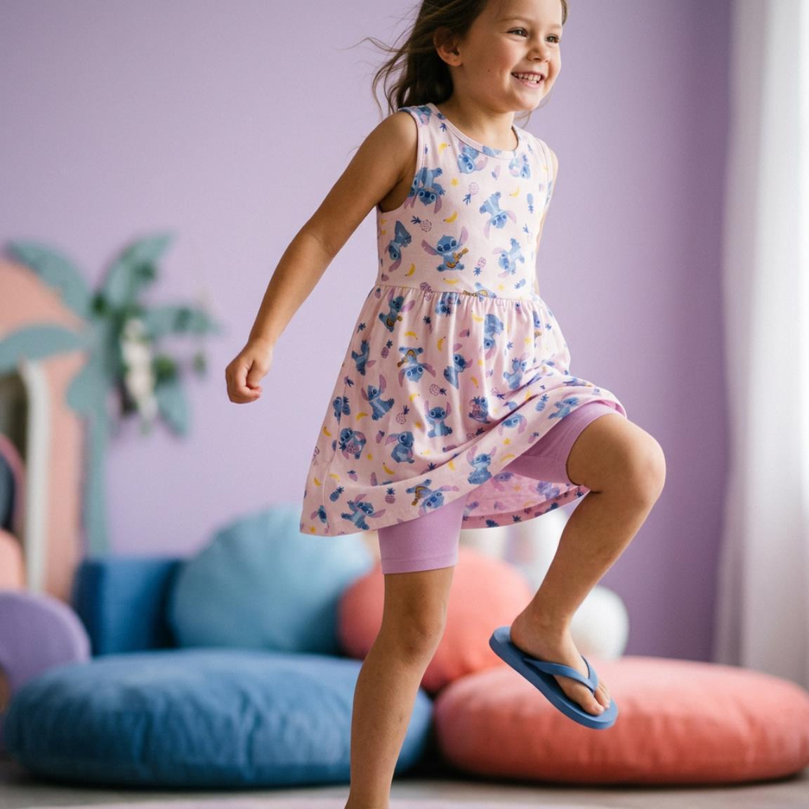 Vestido infantil Stitch sem mangas em malha de algodão, rosa claro. 6/6