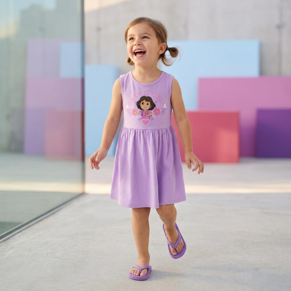 Vestido infantil sem mangas Dora a Aventureira em malha de algodão, roxo. 6/6