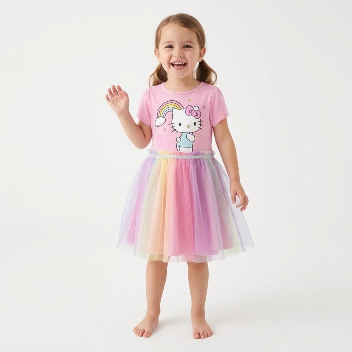 Vestido infantil Hello Kitty em malha de algodão com tule rosa claro 5/6
