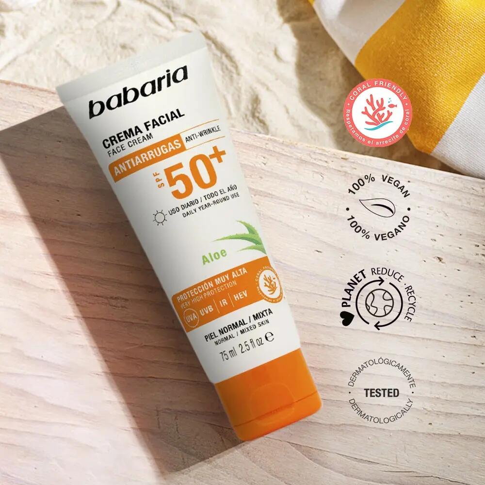 BABARIA  Protector Solar Facial 50 Antiarrugas + Protector Solar Hydra 50 Cuerpo 5/7