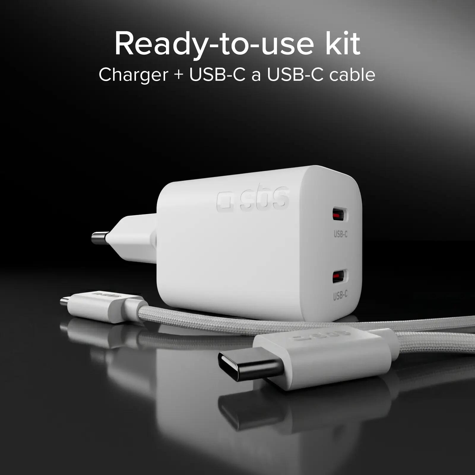 Kit avec mini chargeur secteur 100W GaN avec 2 ports USB-C + câble USB-C 1,5 m 5/7